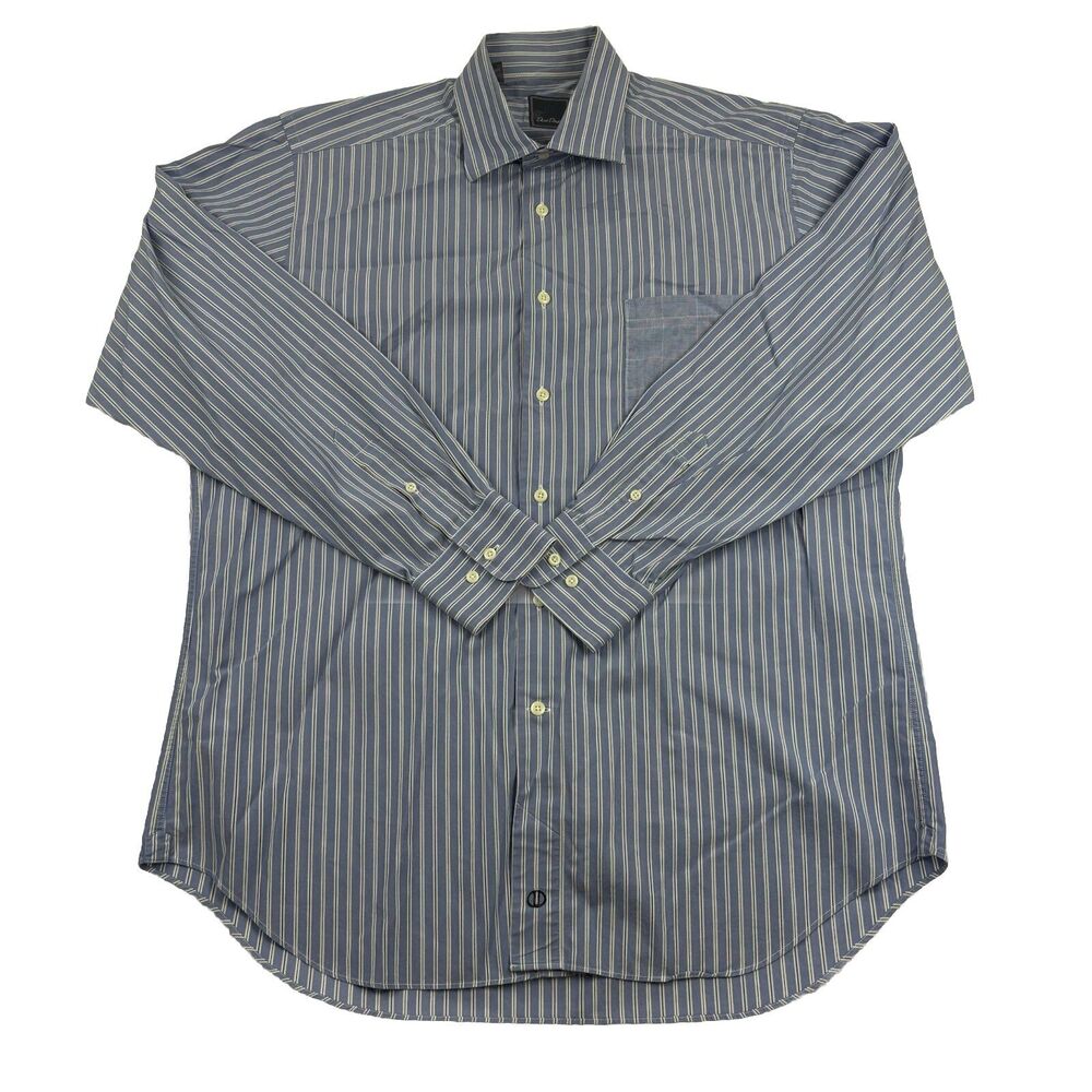 David Donahue Button Up Dress Shirt Mens 16.5 34/35 Blue Vertical Stripe